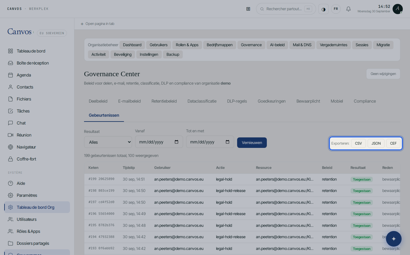 Le journal des événements avec les boutons d'export CSV, JSON et CEF