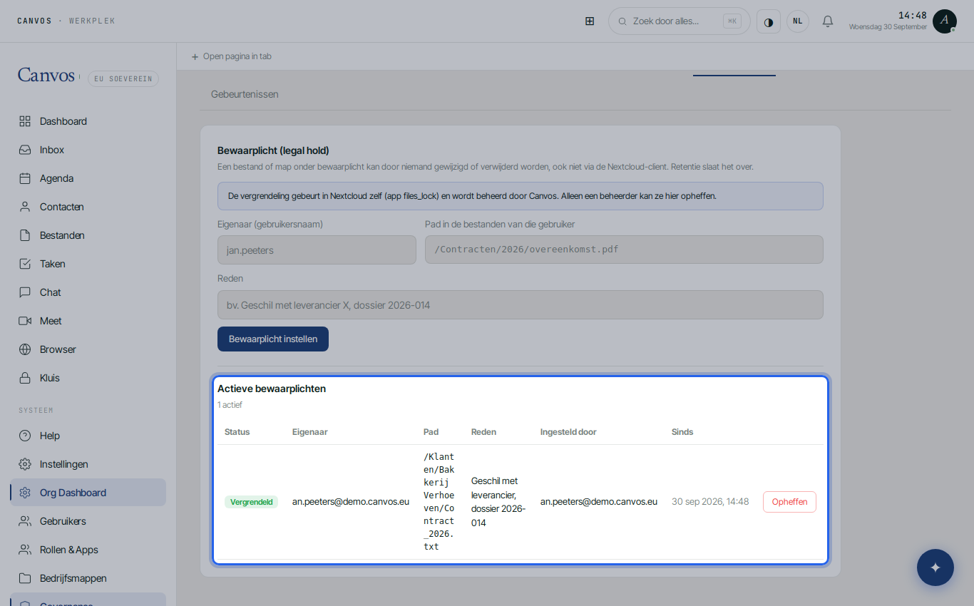 Een actieve bewaarplicht op een contract in het Governance Center