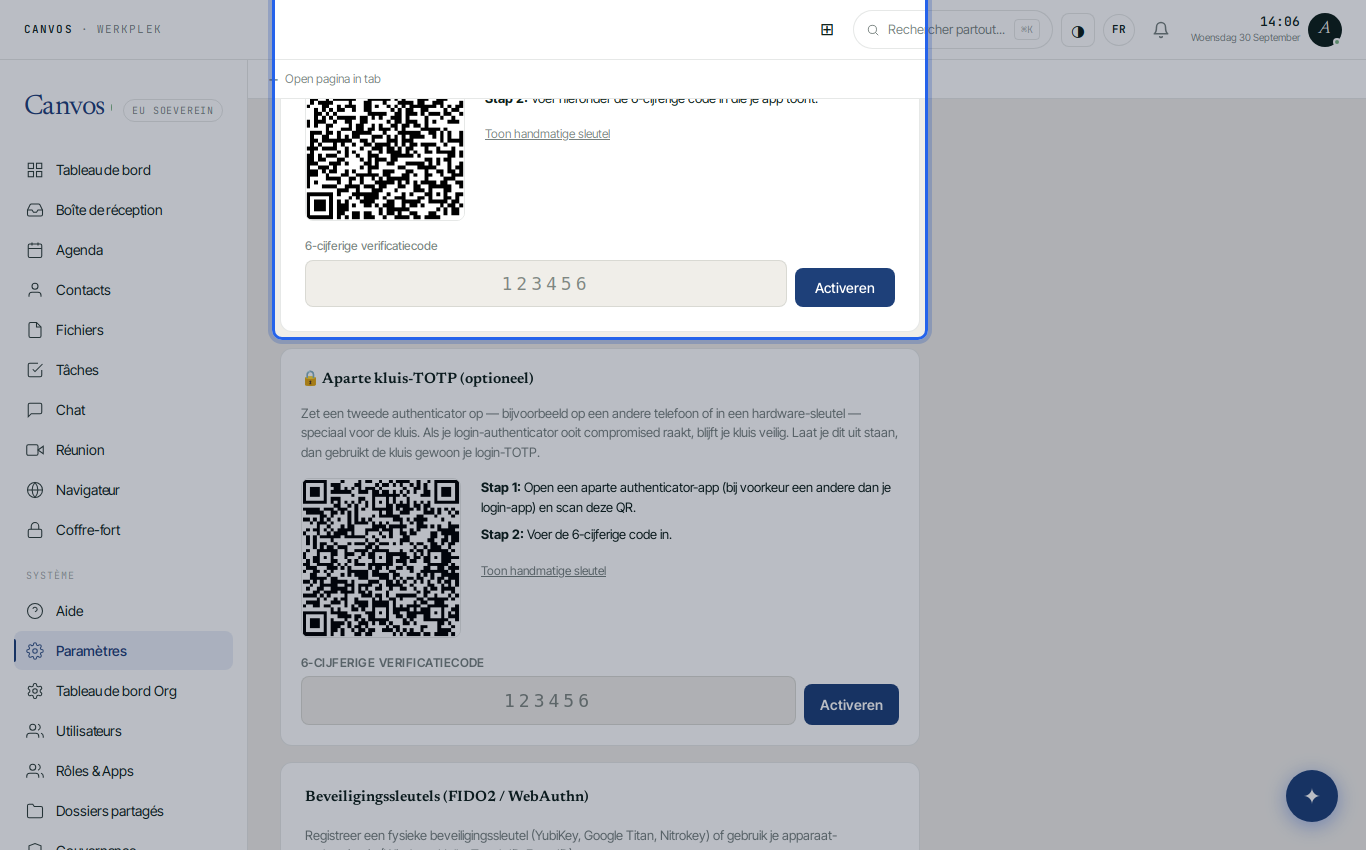 Les paramètres 2FA avec application d'authentification et clé matérielle
