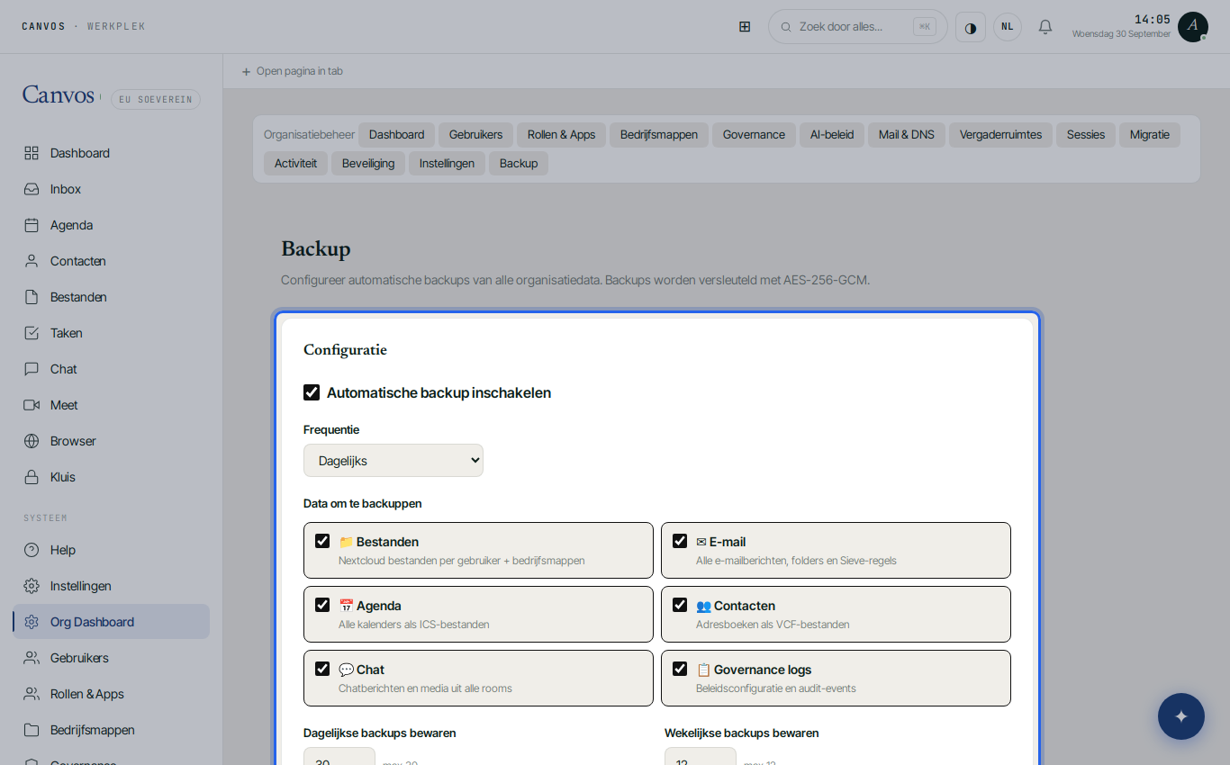 De back-upconfiguratie met frequentie, datasoorten en encryptiesleutel