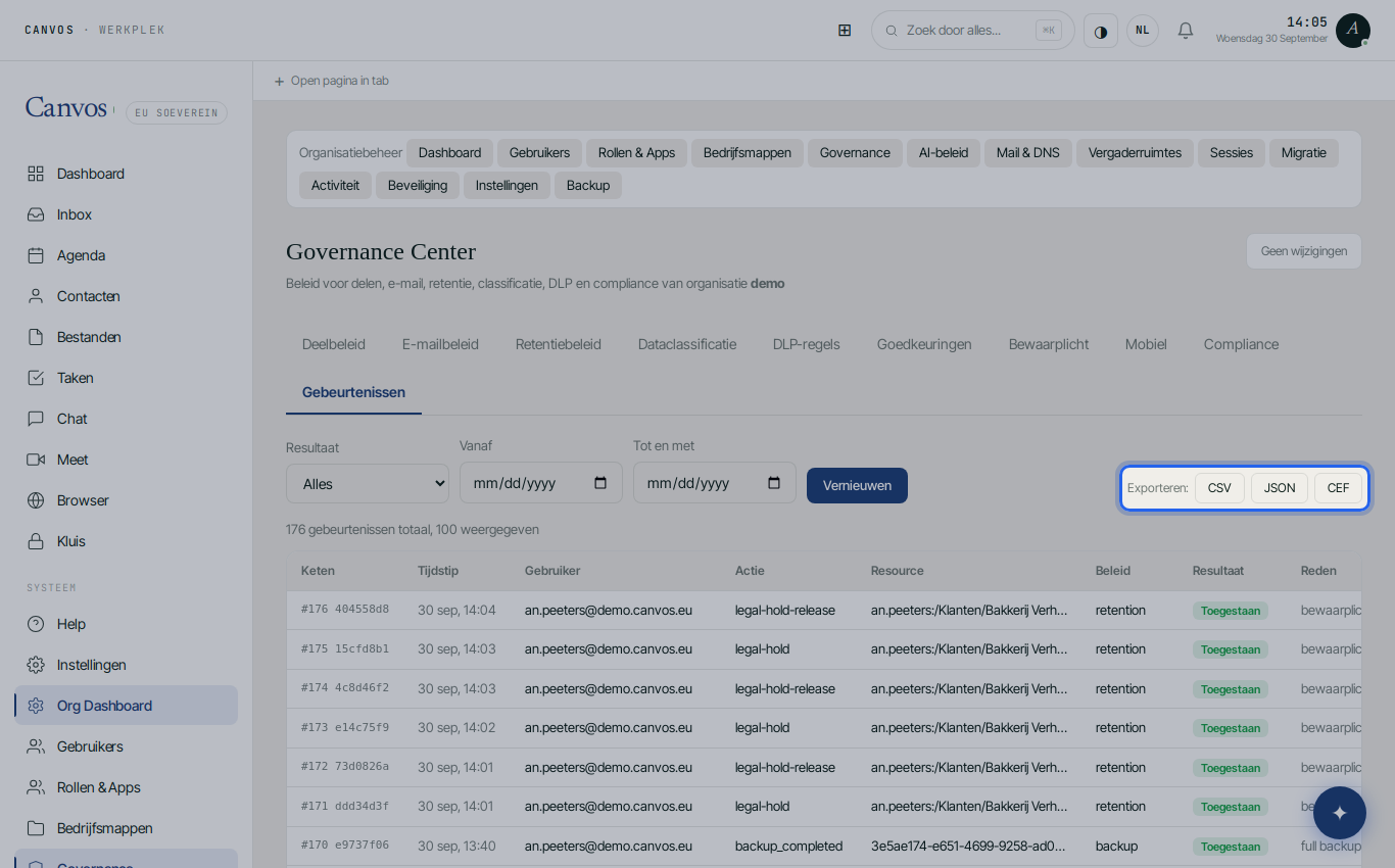 Het gebeurtenissenlogboek met de exportknoppen CEF, CSV en JSON