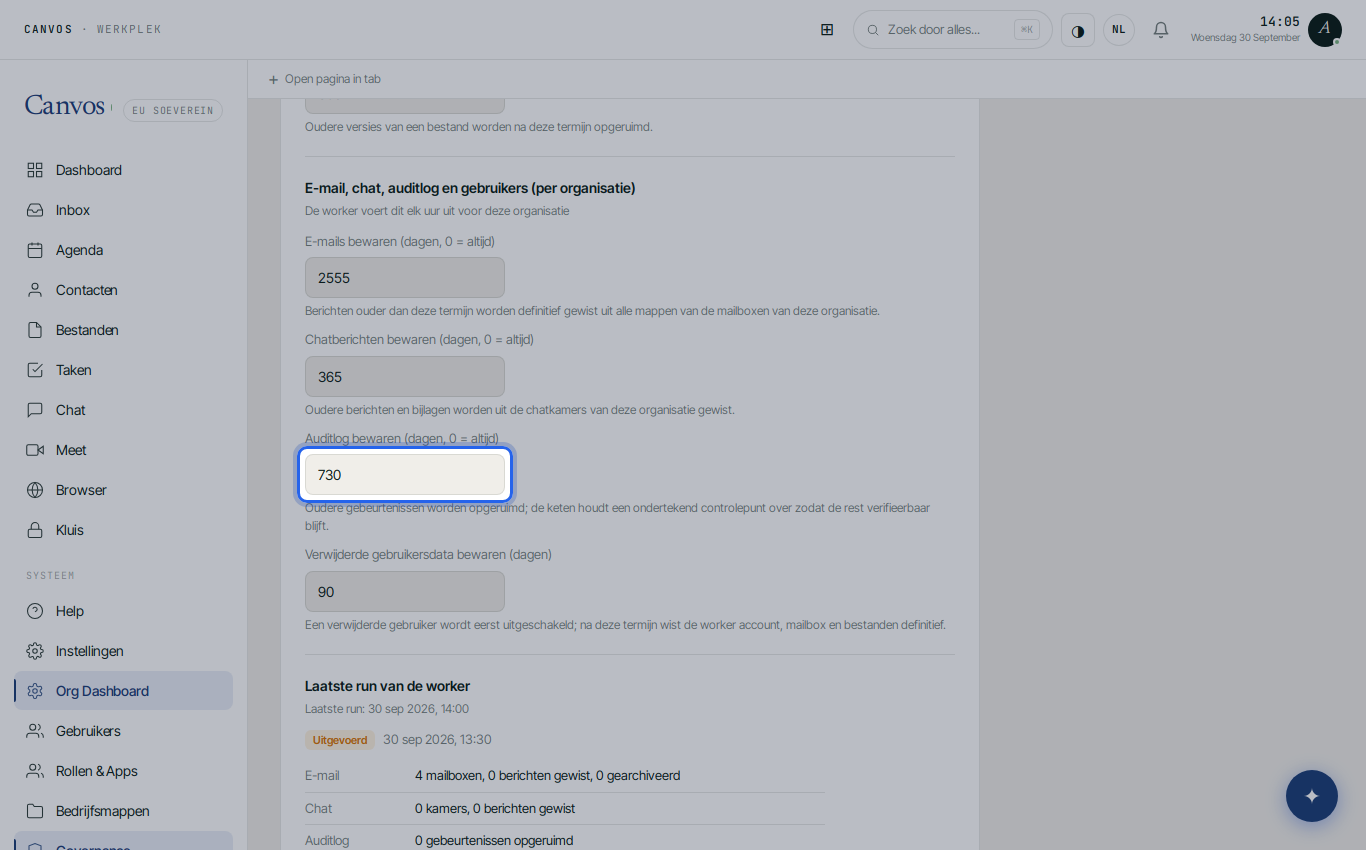 Het retentiebeleid met de bewaartermijn voor het auditlog