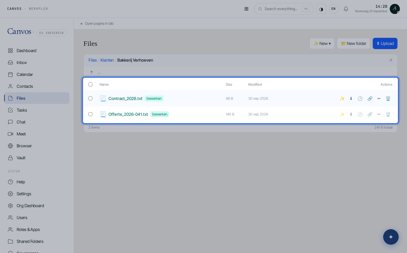 The files of a client folder in Canvos