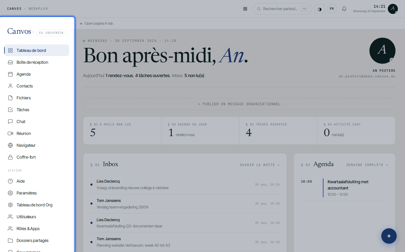 Le tableau de bord Canvos avec tous les modules dans le menu de gauche