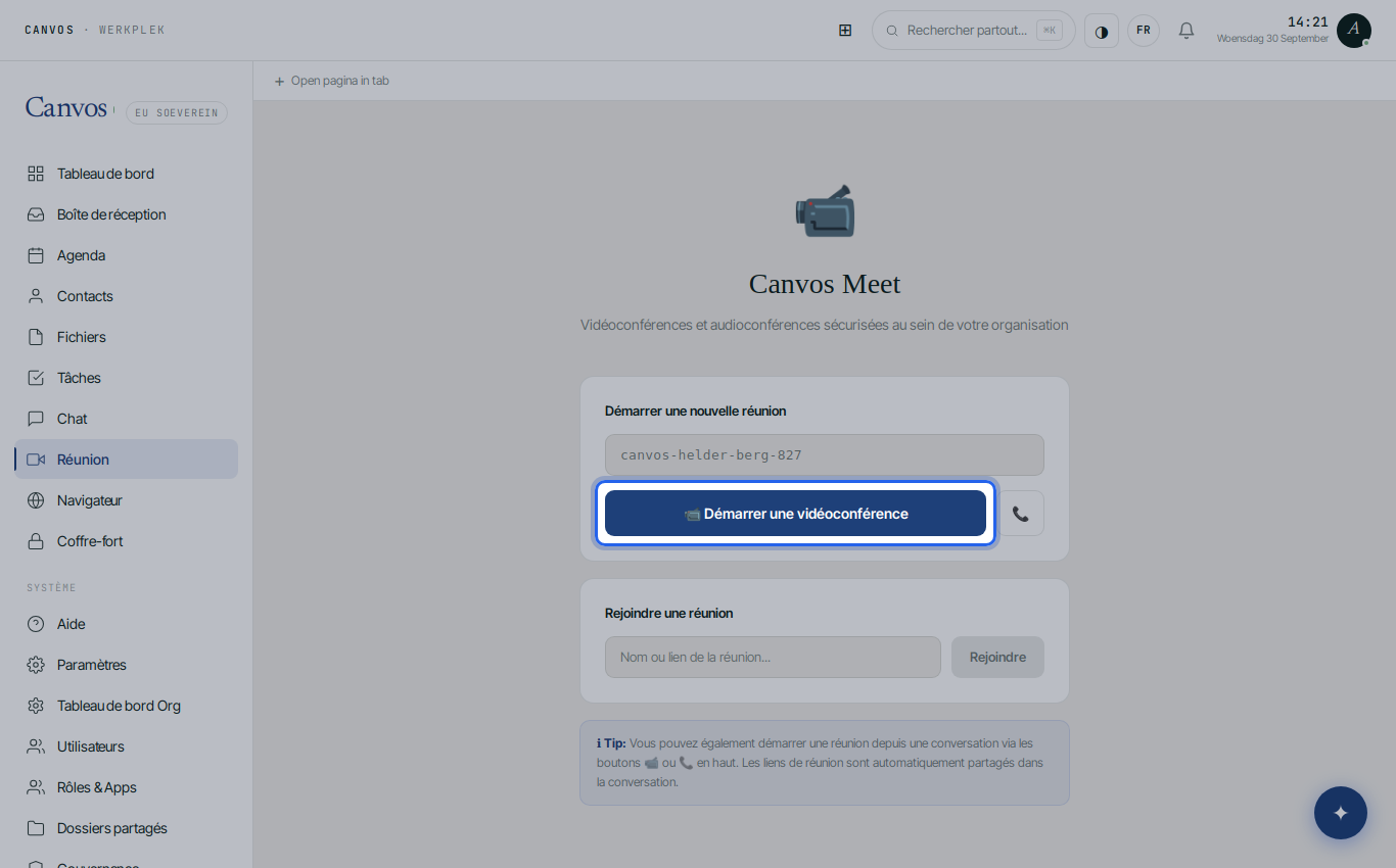 La page Réunion avec le bouton pour démarrer une visioconférence