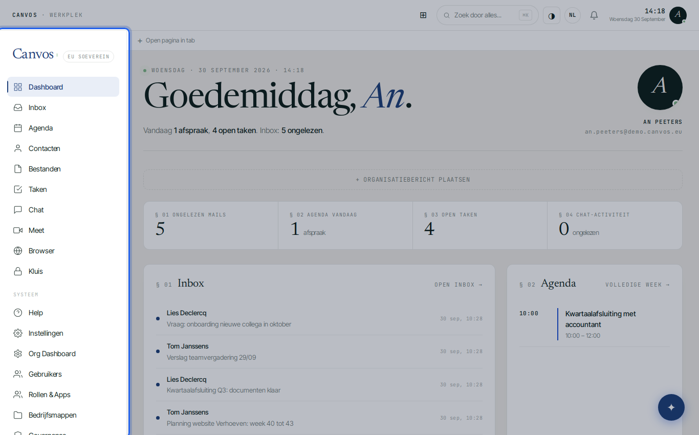 Het dashboard van Canvos met alle modules in het linkermenu