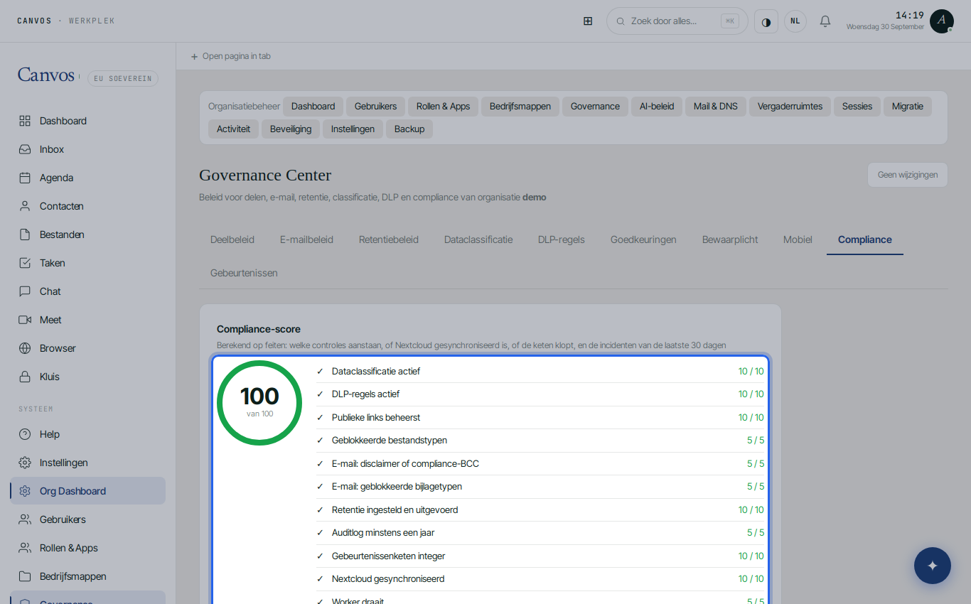 De compliance-score van Demo BV in het Governance Center