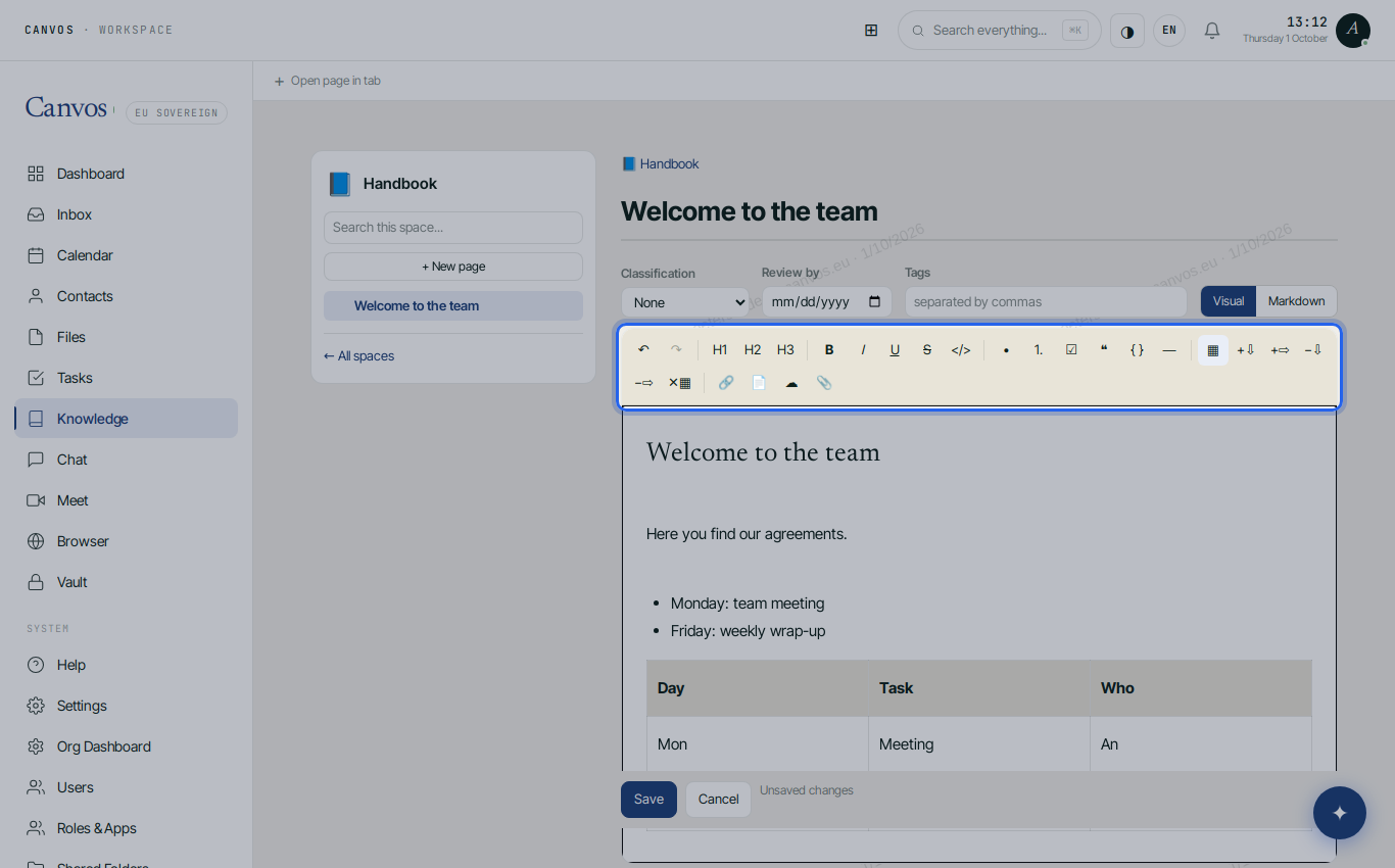 The editor with toolbar, a heading, a list and a table
