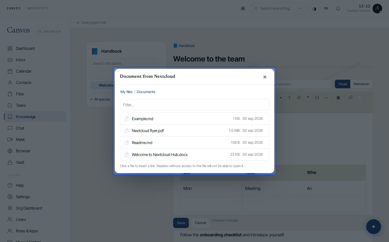 The file picker showing documents from Nextcloud
