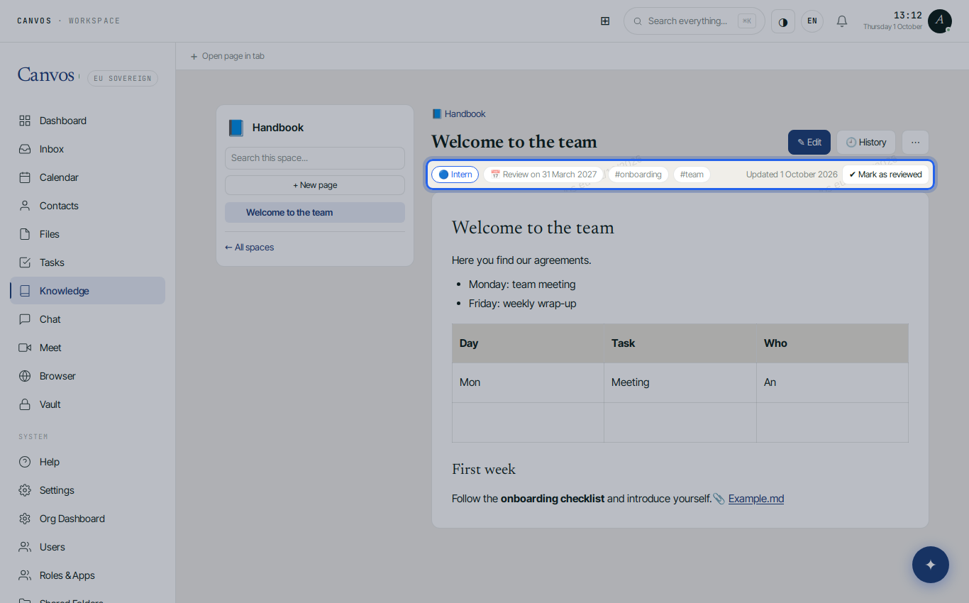 The saved page with classification, review date and tags