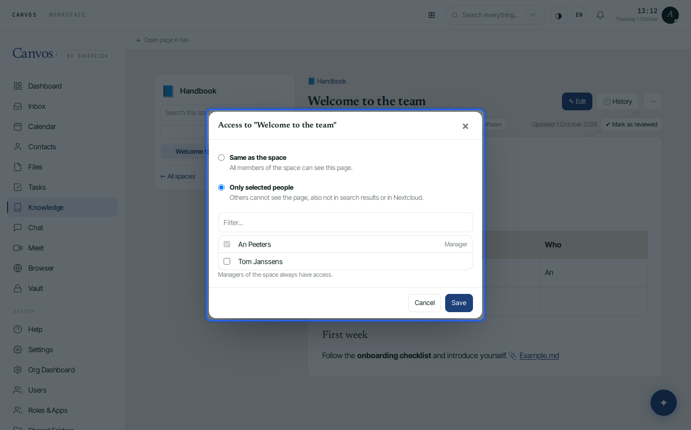 The Restrict access dialog with Only selected people