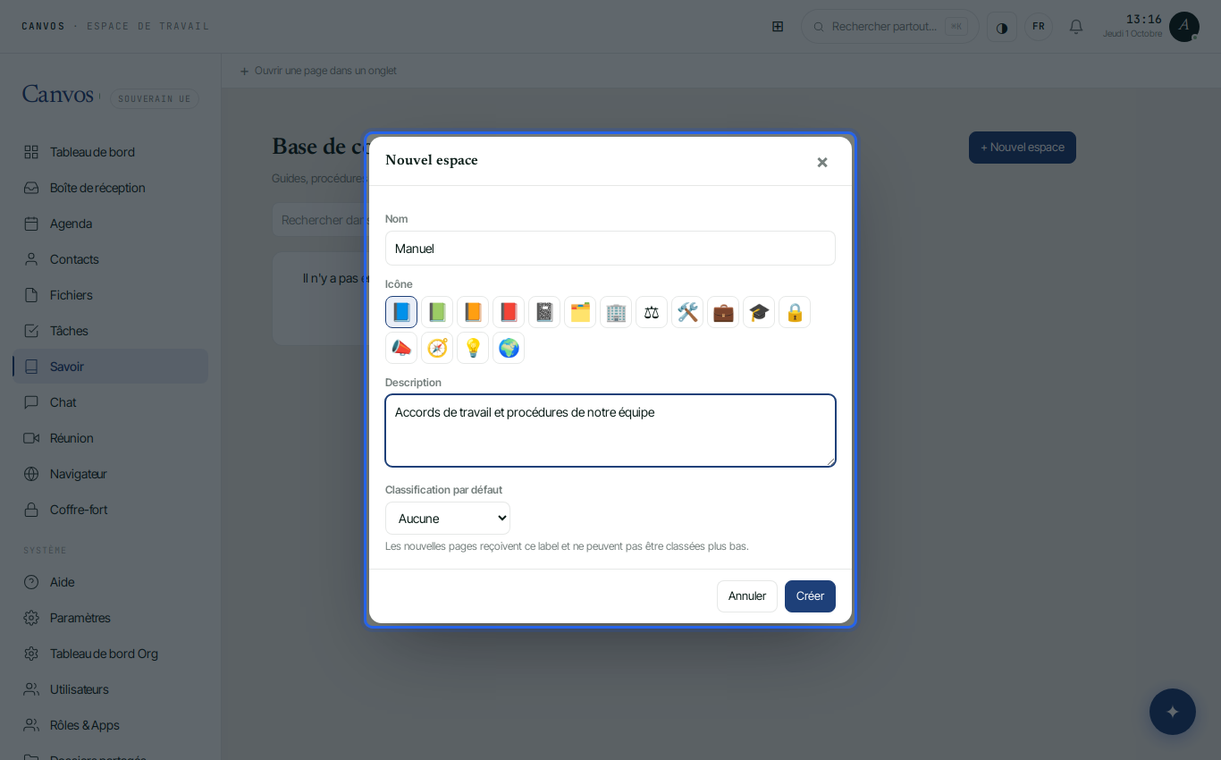 La fenêtre Nouvel espace avec nom et description