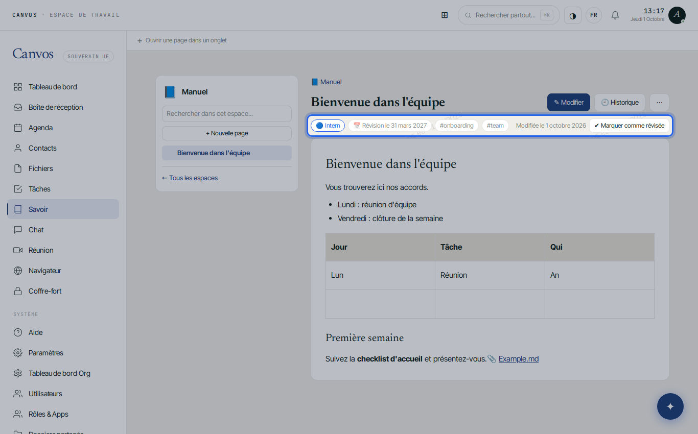 La page enregistrée avec classification, date de révision et étiquettes