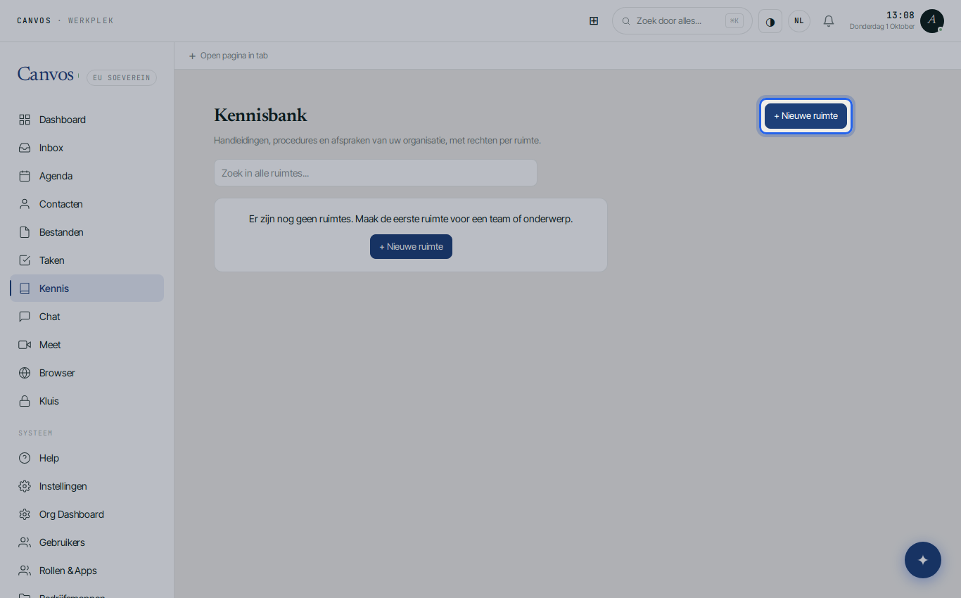 Het overzicht van kennisruimtes met de knop Nieuwe ruimte
