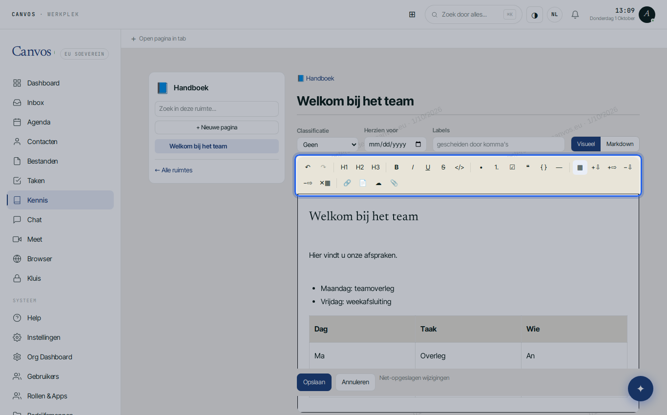 De editor met werkbalk, een kop, een lijst en een tabel